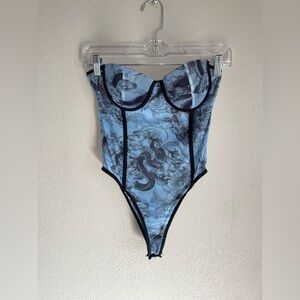 Blue Bustier strapless Bodysuit dragon mesh medium